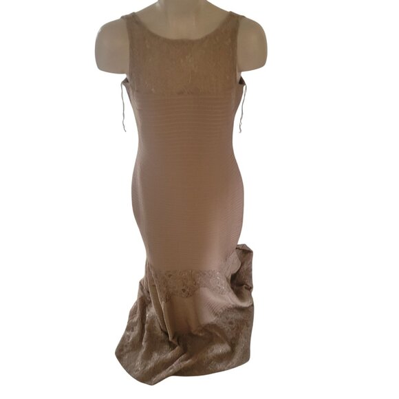 Elegant Beige Mermaid Gown With Lace Accents & Sleeveless Design Floor-Length Fo - Picture 1 of 8